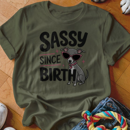 Green t-shirt with "Sassy Since Birth" text and a dog wearing sunglasses.