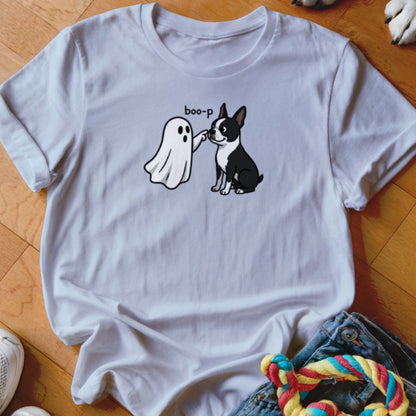 White t-shirt graphic of a ghost booping a Boston Terrier with "boo-p" text.