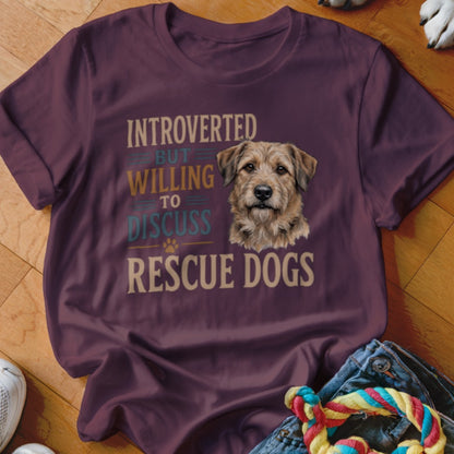 Maroon t-shirt with dog illustration and text: "Introverted but willing to discuss rescue dogs."