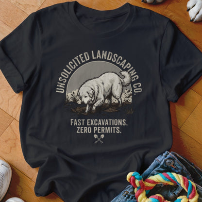 Black t-shirt graphic with dog digging, "Unsolicited Landscaping Co." text.