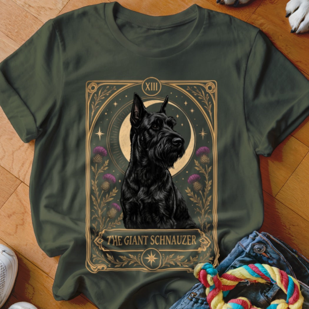 Dark green t-shirt featuring a tarot card graphic of a black Giant Schnauzer with thistle flowers.