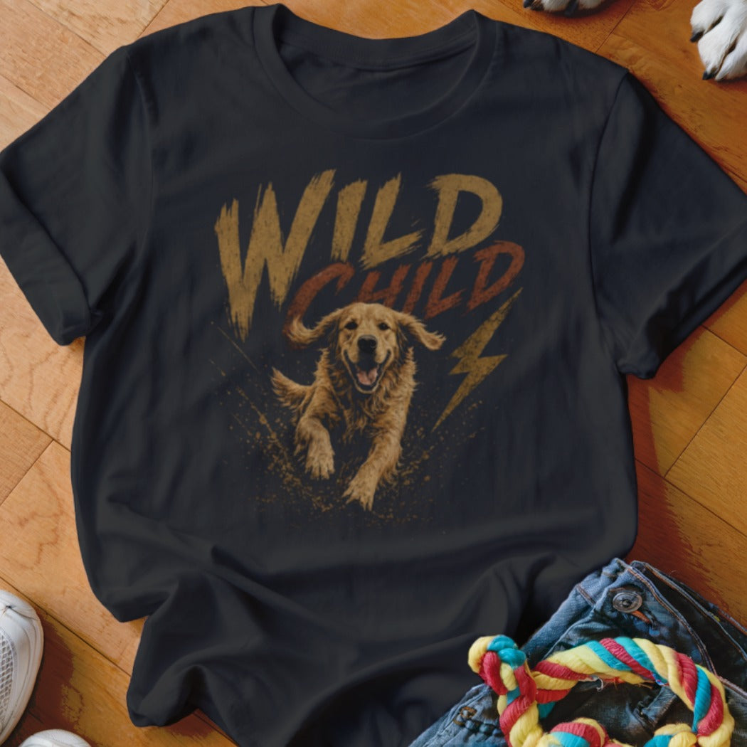 T-shirt with distressed "WILD CHILD" text and a running golden retriever graphic.