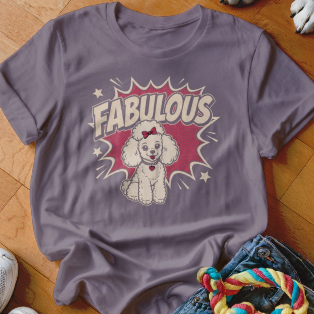 Purple t-shirt with white poodle and text "FABULOUS".