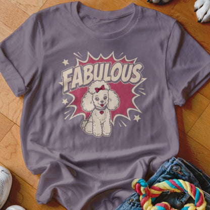 Purple t-shirt with white poodle and text "FABULOUS".