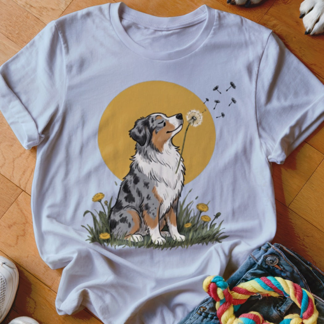 White t-shirt featuring an illustration of an Australian Shepherd dog blowing dandelion seeds against a yellow sun background.