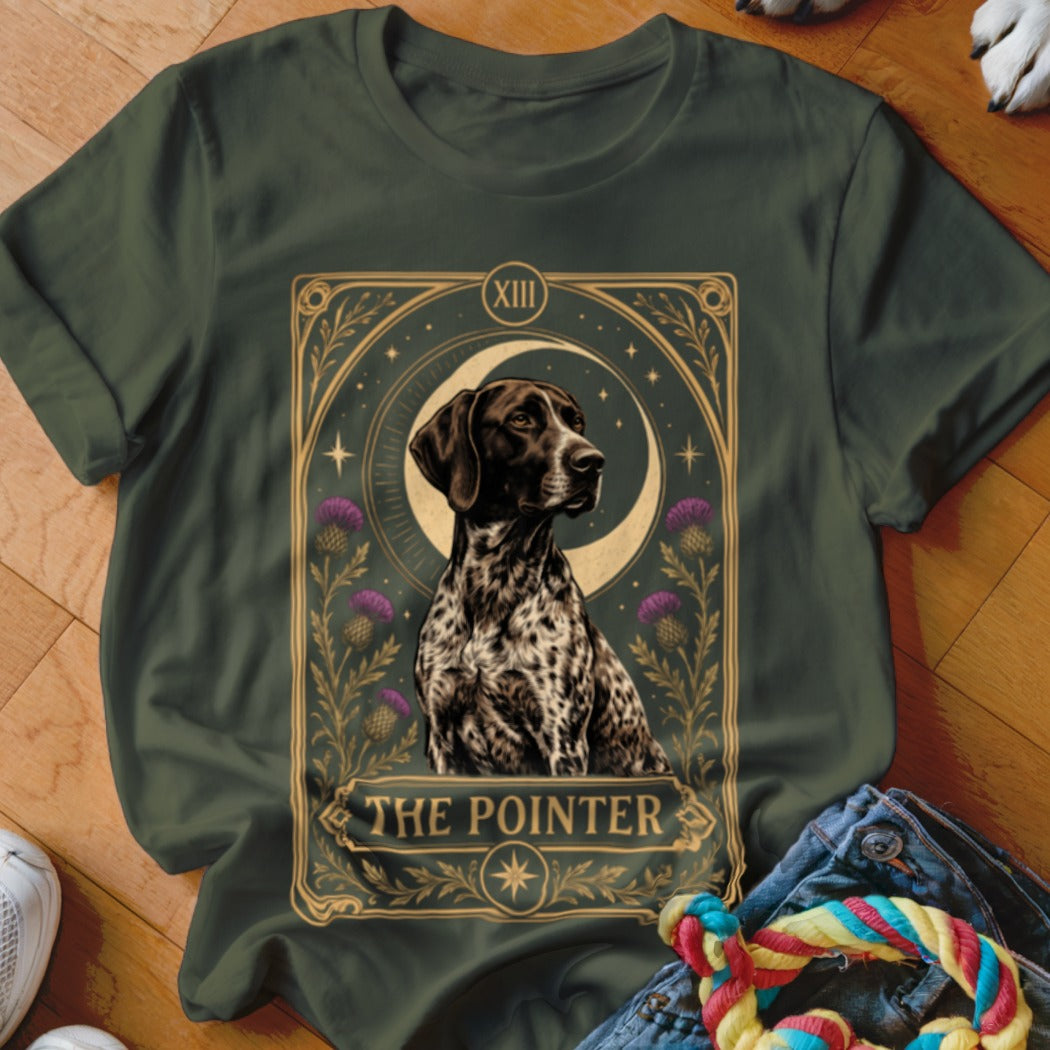Dark green t-shirt featuring a tarot card style graphic of a German Shorthaired Pointer labeled The Pointer.