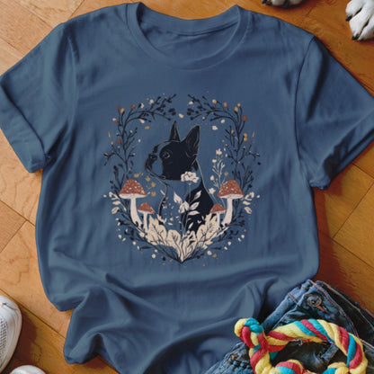 Blue crewneck t-shirt featuring a graphic of a Boston terrier surrounded by botanical elements and mushrooms.