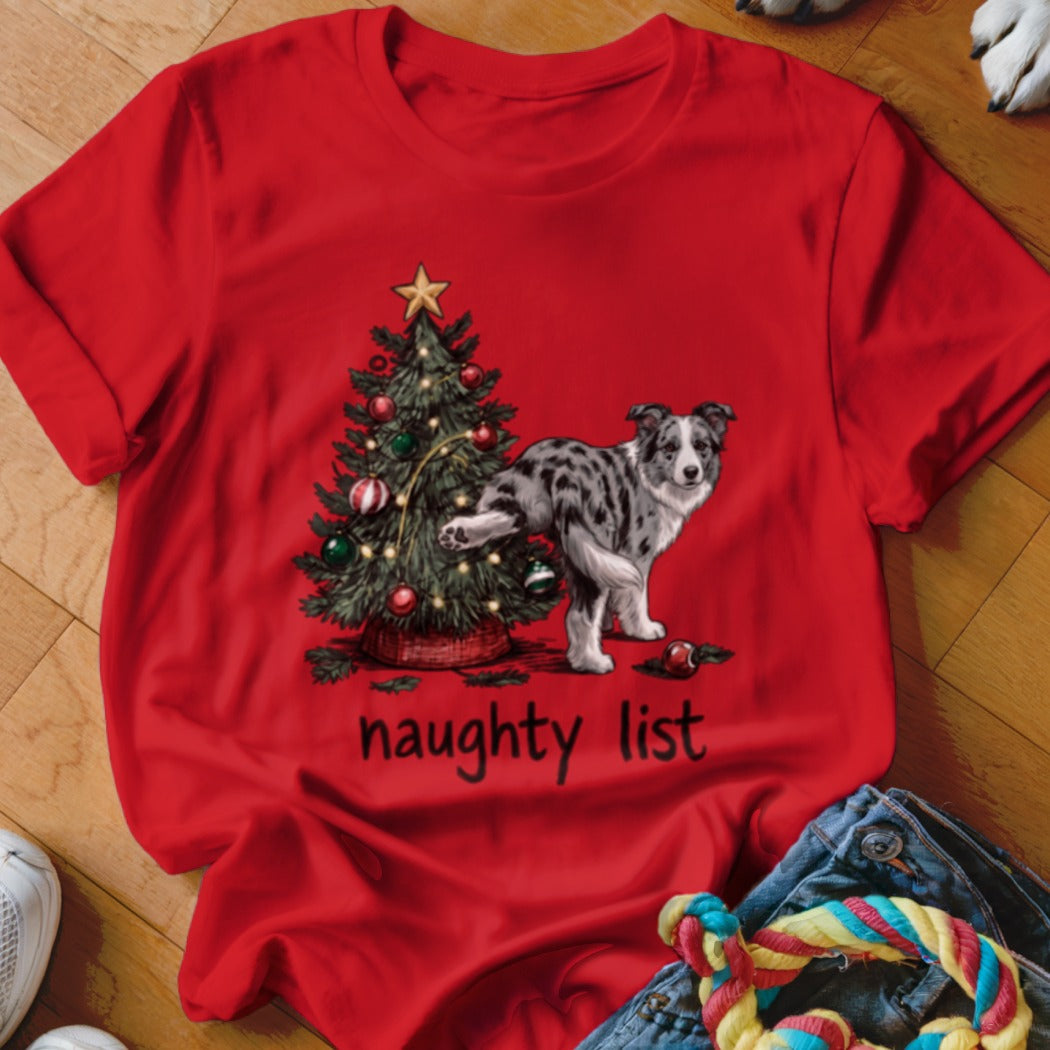 Red t-shirt with Christmas tree, dog, and "naughty list" text.