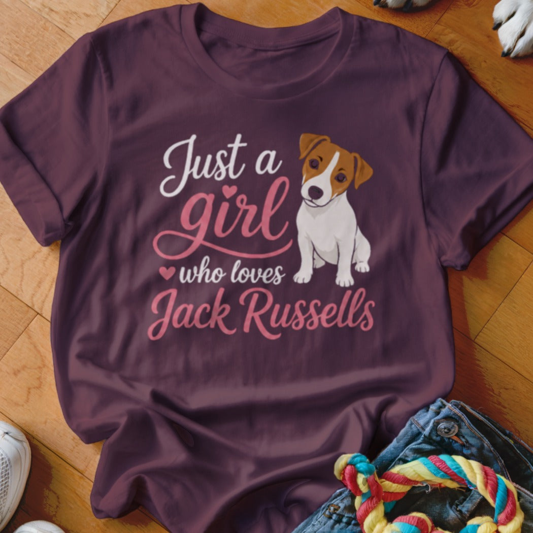 Maroon t-shirt with a Jack Russell dog and text "Just a girl who loves Jack Russells".