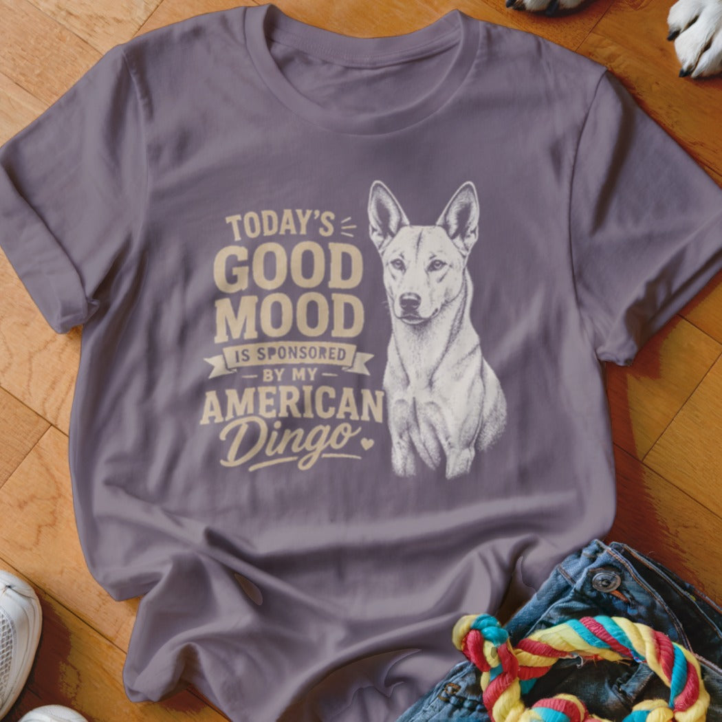 Grey t-shirt with "Today's Good Mood is Sponsored by My American Dingo" text and dog illustration.