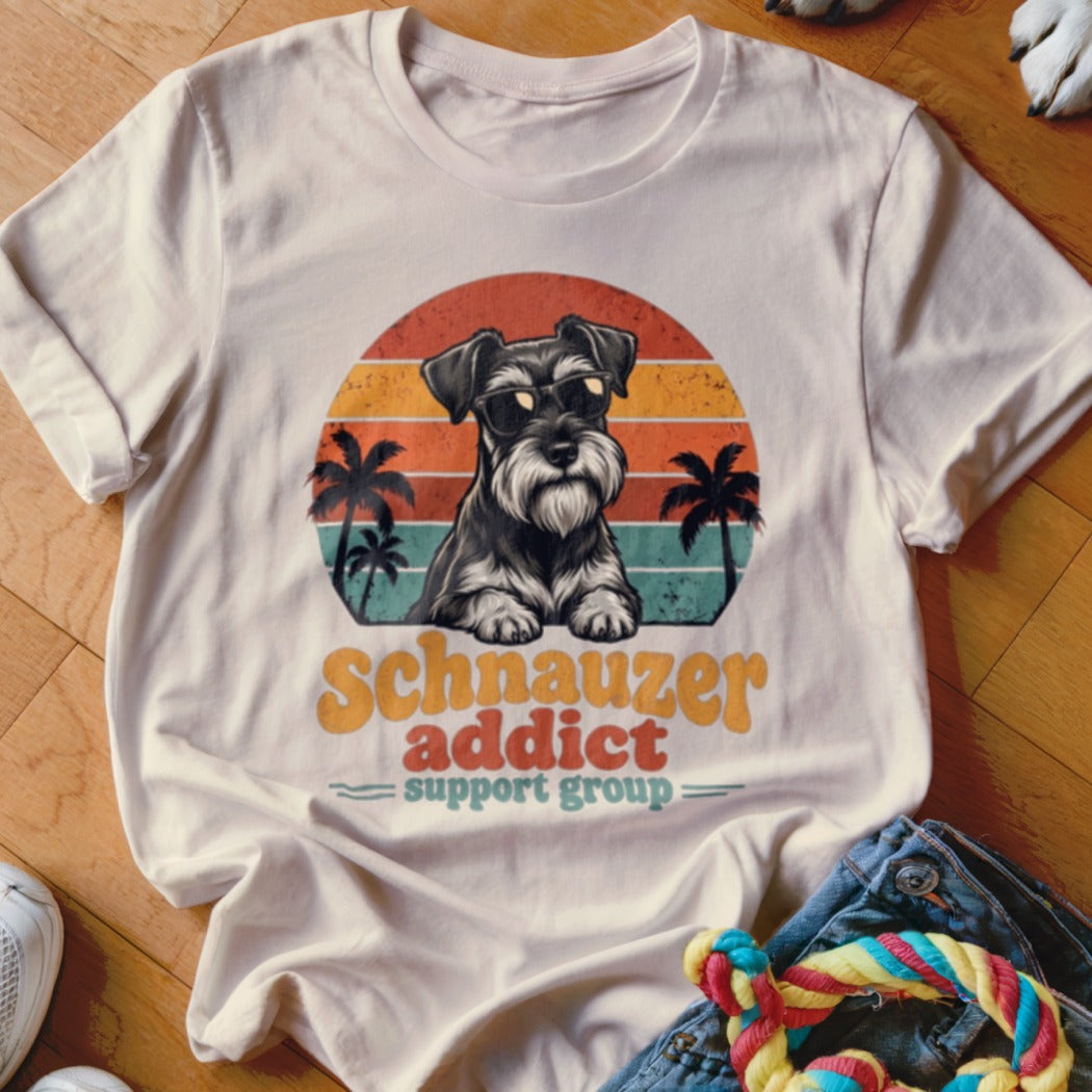 Light-colored t-shirt featuring a retro graphic of a Schnauzer wearing sunglasses, sunset stripes, and palm trees.