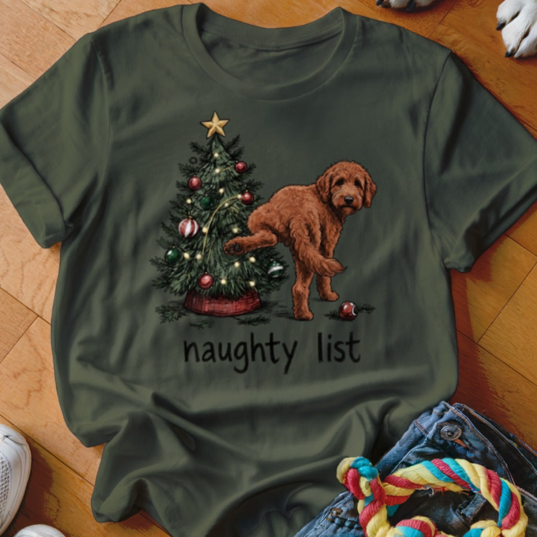 Brown doodle dog peeing on a Christmas tree with "naughty list" text.