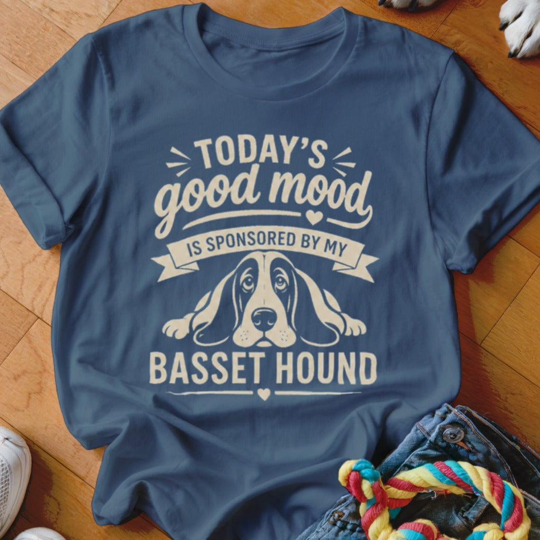 "Today's good mood is sponsored by my Basset Hound" t-shirt with graphic.