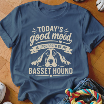 "Today's good mood is sponsored by my Basset Hound" t-shirt with graphic.