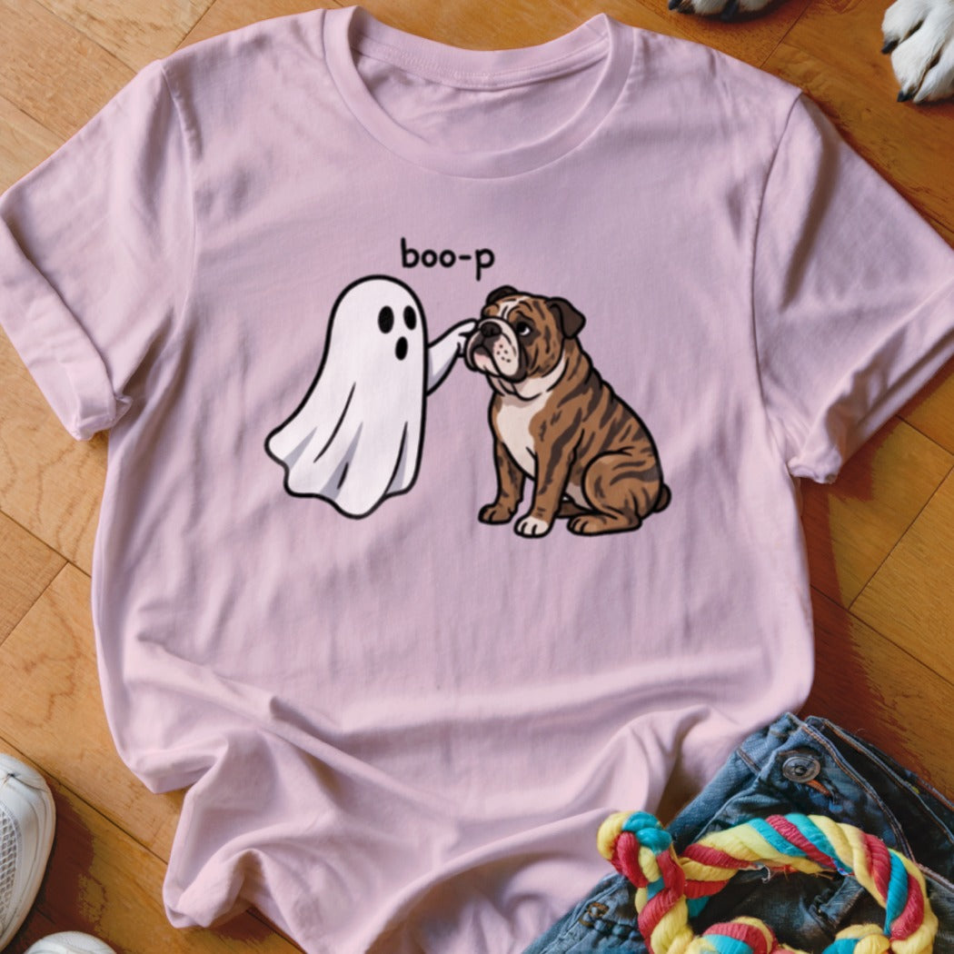 Pink t-shirt with cartoon ghost booping a bulldog with the text "boo-p".
