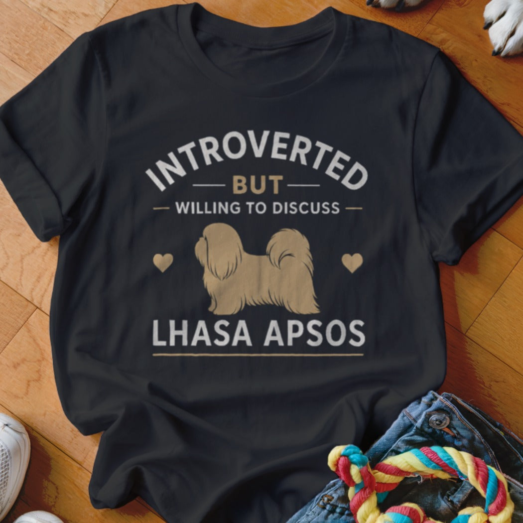Black t-shirt with "Introverted But Willing To Discuss Lhasa Apsos" text and dog graphic.