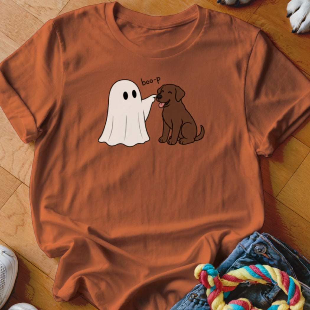 Ghost touching a happy brown dog's nose with text "boo-p".
