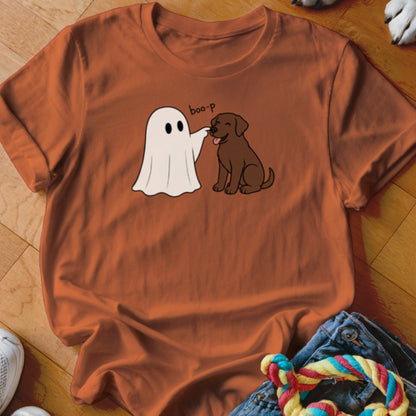 Ghost touching a happy brown dog's nose with text "boo-p".