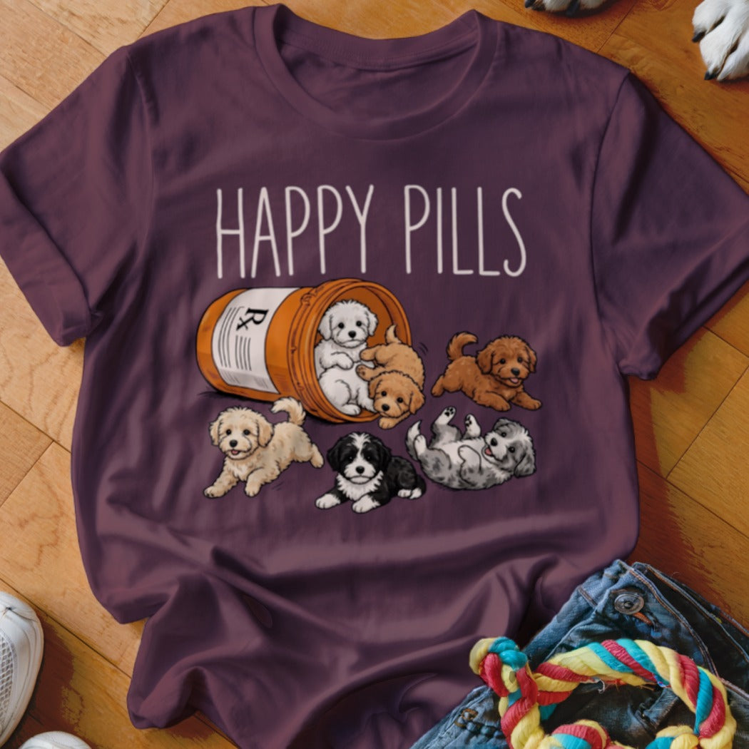Illustration of puppies spilling from a pill bottle with the text HAPPY PILLS.