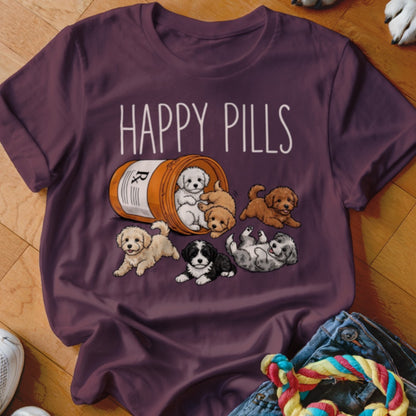 Illustration of puppies spilling from a pill bottle with the text HAPPY PILLS.
