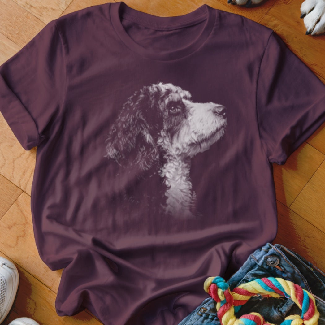 Maroon t-shirt with a black and white doodle dog portrait in profile.