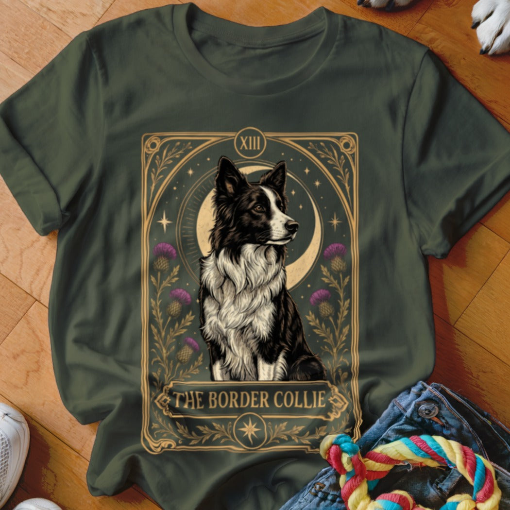 Forest green t-shirt featuring a tarot card style graphic of a Border Collie with the text THE BORDER COLLIE.