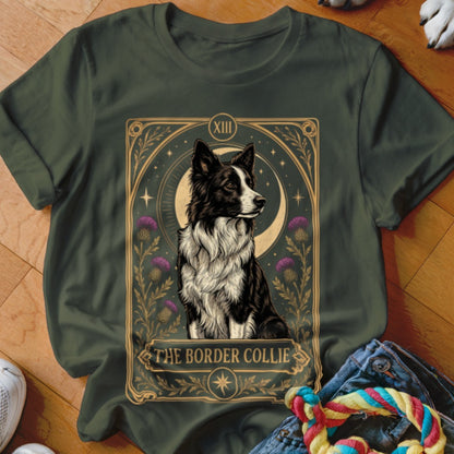 Forest green t-shirt featuring a tarot card style graphic of a Border Collie with the text THE BORDER COLLIE.