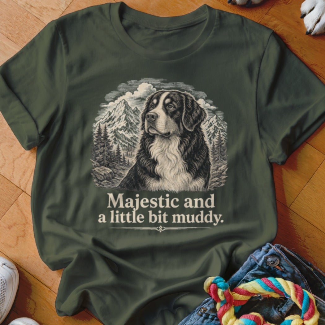 Bernese Mountain Dog illustration on dark green t-shirt with text "Majestic and a little bit muddy."