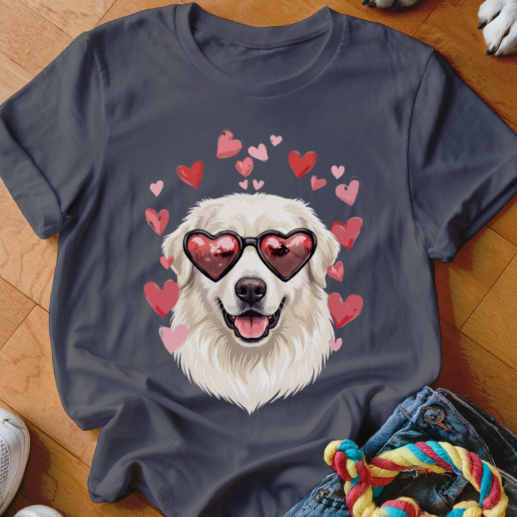 Dark gray t-shirt featuring a Golden Retriever wearing heart-shaped sunglasses surrounded by pink and red hearts.