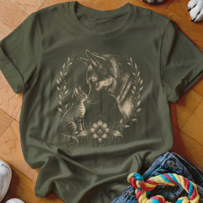 Olive green t-shirt with a detailed illustration of a dog and cat within a floral wreath.