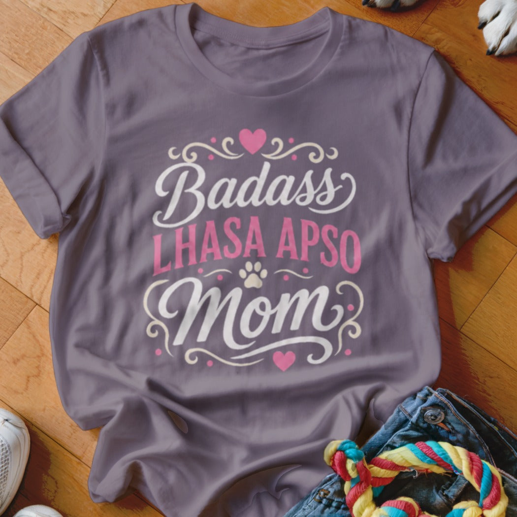 Purple t-shirt with "Badass Lhasa Apso Mom" text and decorative elements.