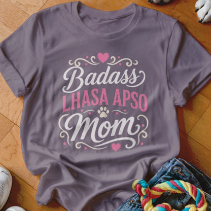 Purple t-shirt with "Badass Lhasa Apso Mom" text and decorative elements.