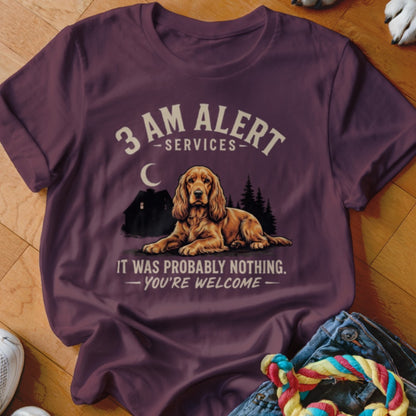Maroon t-shirt with graphic of a dog, house, moon, trees, and text.