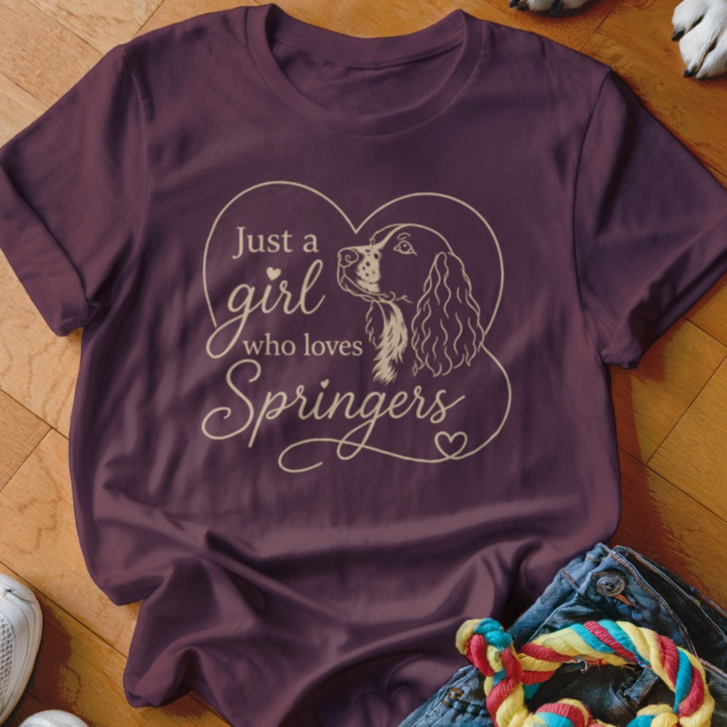Burgundy t-shirt with "Just a girl who loves Springers" and dog outline.