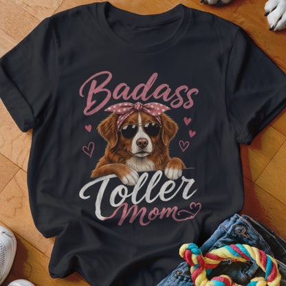 Black t-shirt with a dog wearing sunglasses and a bandana, reading "Badass Toller Mom".
