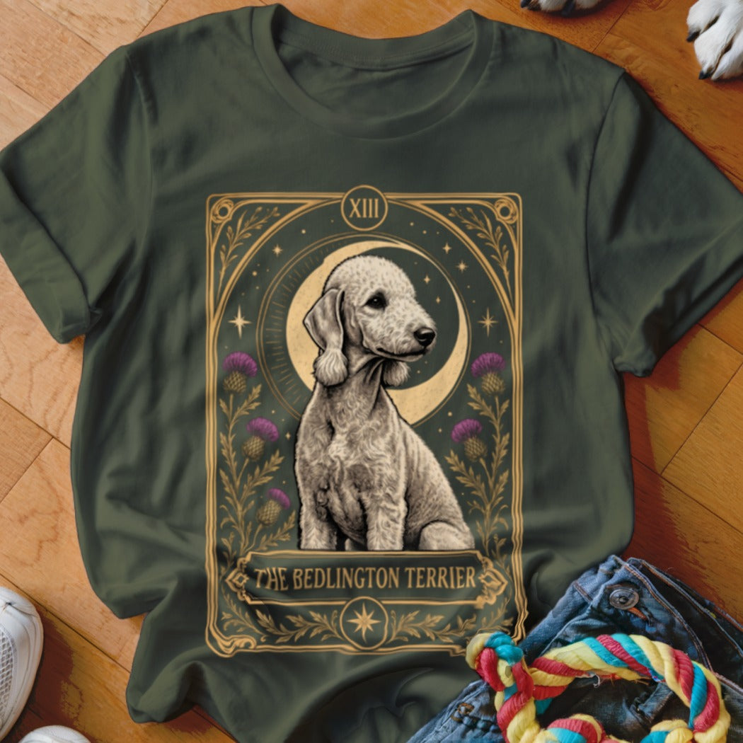 Dark green t-shirt featuring a tarot card graphic of a Bedlington Terrier with moon and thistles.