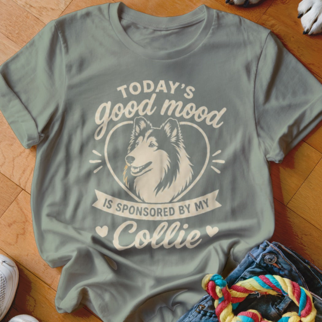 Gray t-shirt with "Today's good mood is sponsored by my Collie" text and dog graphic.