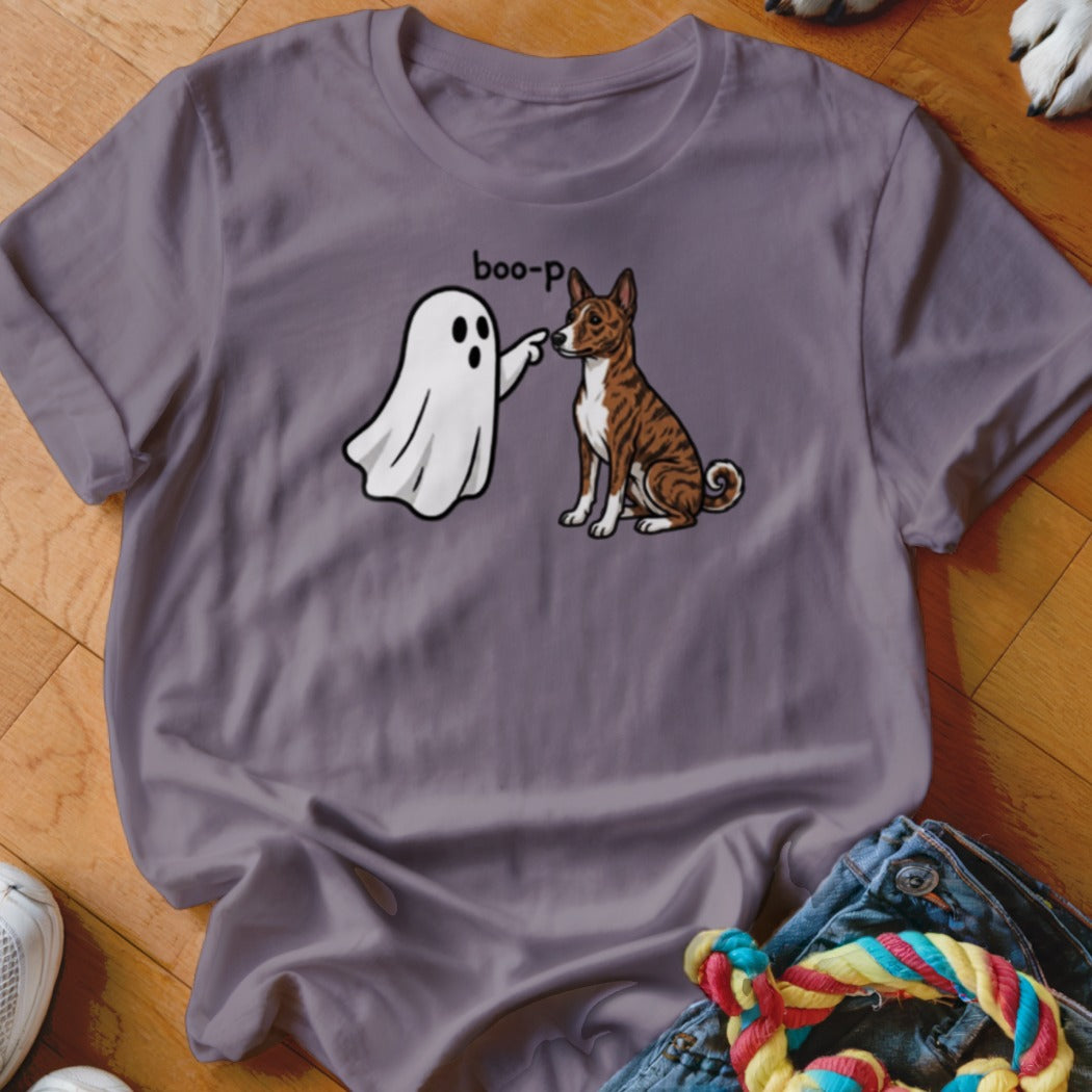 Cartoon ghost boops a sitting Basenji dog with "boo-p" text.