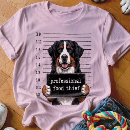 Bernese Mountain Dog mugshot holding a "professional food thief" sign on a pink t-shirt.