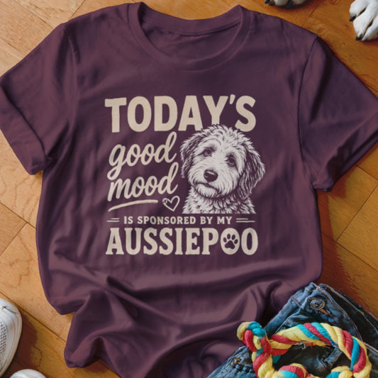 Maroon t-shirt with a dog graphic and text "Today's good mood is sponsored by my Aussiedoodle".