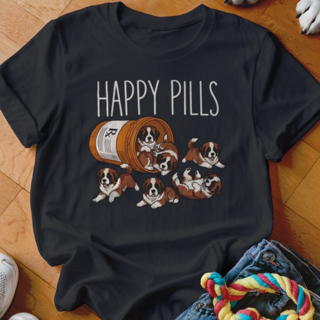 Black t-shirt with the text "HAPPY PILLS" above a pill bottle spilling out several puppies.