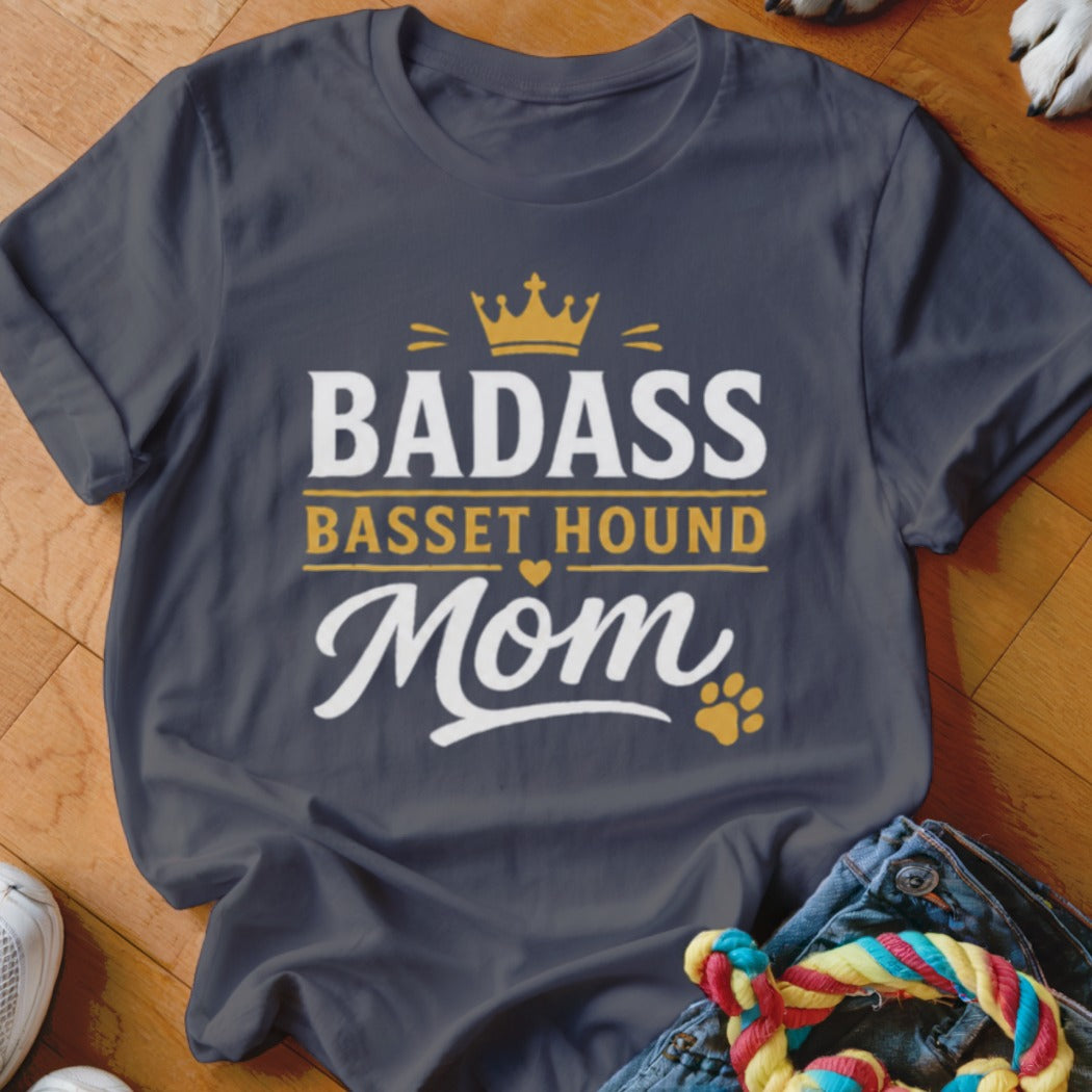 Dark grey t-shirt with "Badass Basset Hound Mom" text and crown graphic.