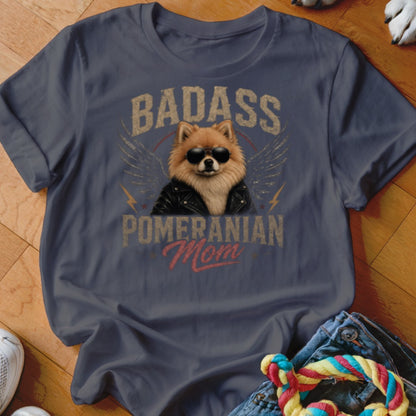 Pomeranian dog wearing sunglasses and leather jacket with text "BADASS POMERANIAN Mom".