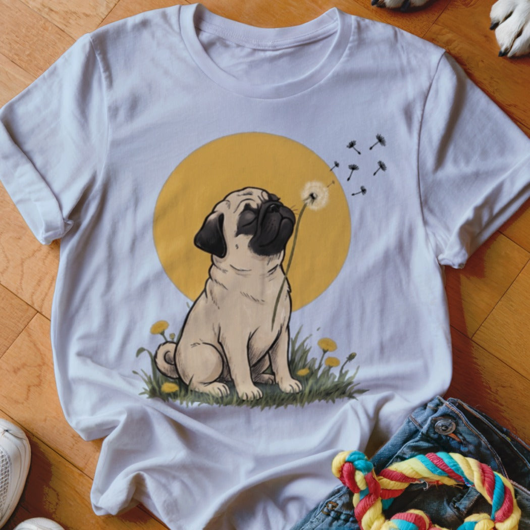 A white short-sleeved t-shirt featuring an illustration of a pug blowing dandelion seeds.