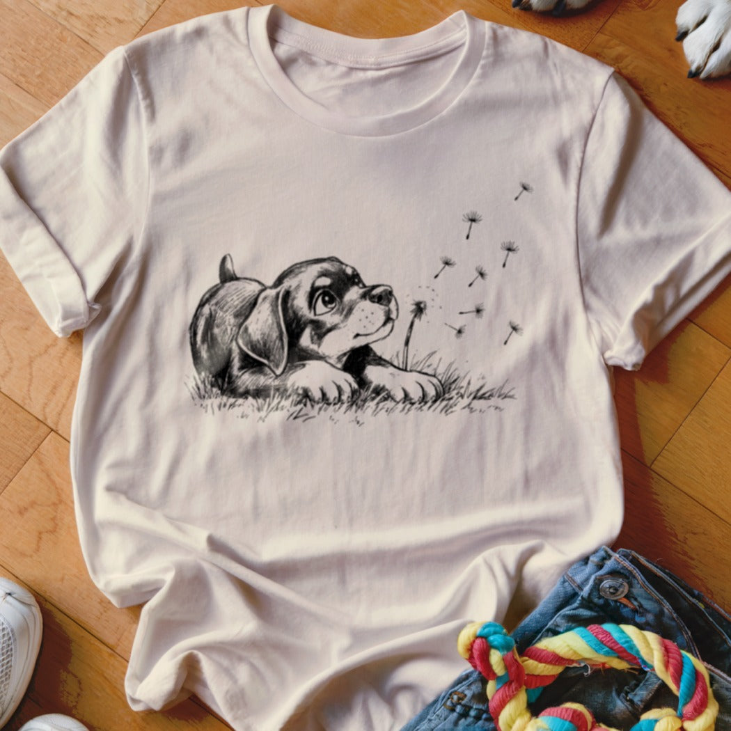 A light-colored t-shirt features a black line drawing of a puppy looking up at dandelion seeds.