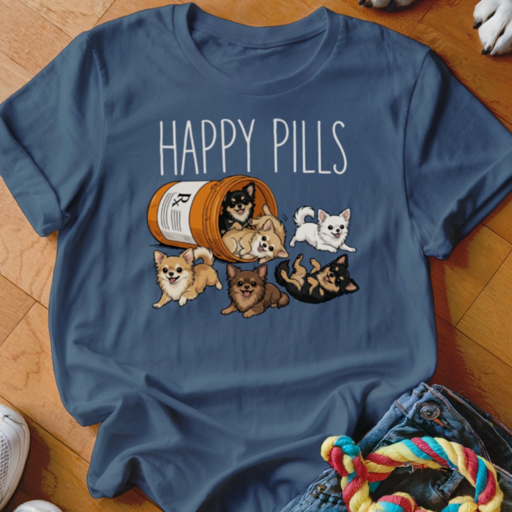 T-shirt with "Happy Pills" text and cartoon Chihuahuas spilling from a pill bottle.
