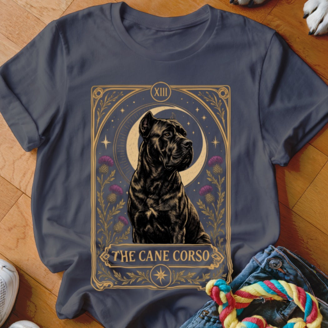 Charcoal gray t-shirt featuring a tarot card style graphic of a Cane Corso dog with thistle flowers.