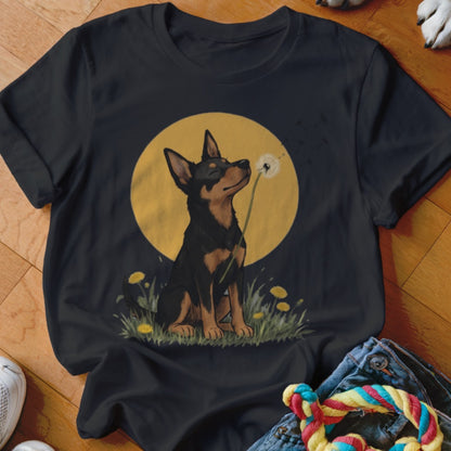 A black t-shirt featuring an illustration of a black and tan dog sniffing a dandelion.