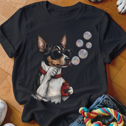 A black crewneck t-shirt featuring a graphic of a dog wearing sunglasses and blowing soap bubbles.