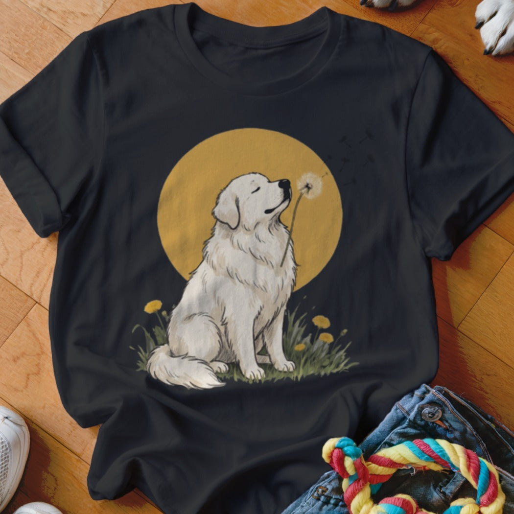 A black t-shirt printed with a graphic of a white dog blowing a dandelion against a yellow circle background.